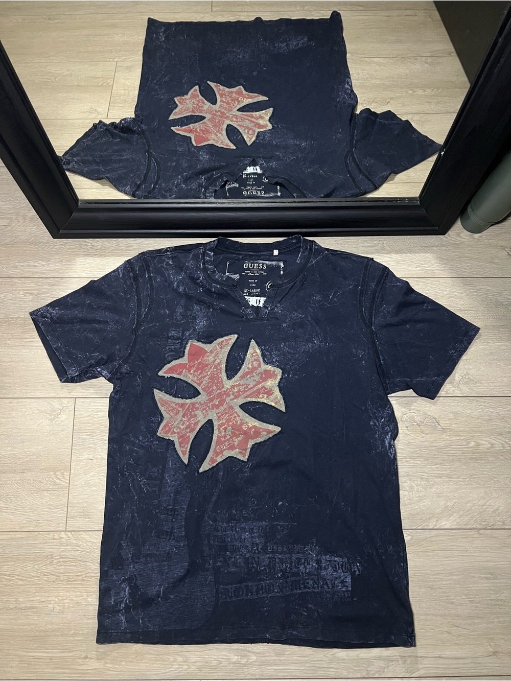 Y2K 2000s Guess Cross Patch Distressed Guitar All Over Print Shirt